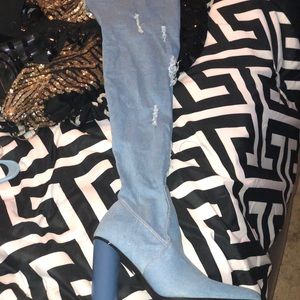 Thigh high jean boots with platform heel
